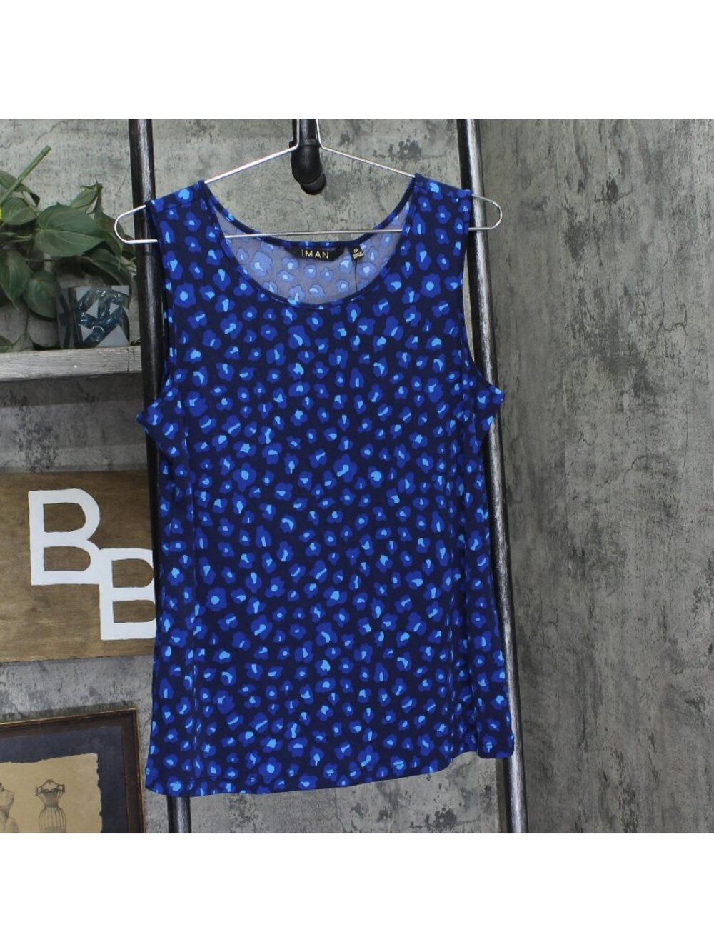 IMAN Printed Cheetah Pattern Knit Stretchy Tank Top Blue M